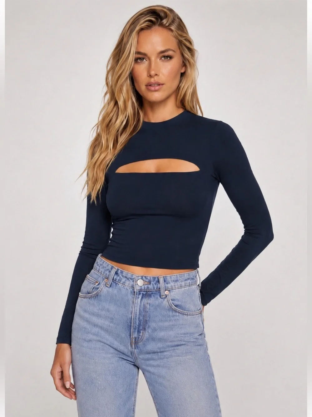 NWT Susana Monaco Midnight Navy Crew Slit Cutout Long Sleeve Top XL Chic NEW - Picture 9 of 9